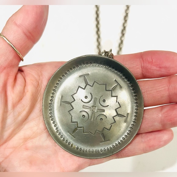 Jorgen Jensen Denmark Pewter Large Modernist Disc Pendant & Chain Necklace,#156s - Picture 8 of 11